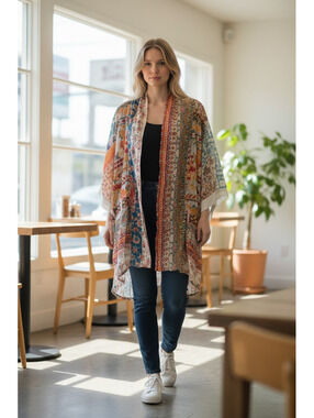 Johnny Was Silk Embroidered Kimono Jacket Cardigan Floral Multi-Color Size PL